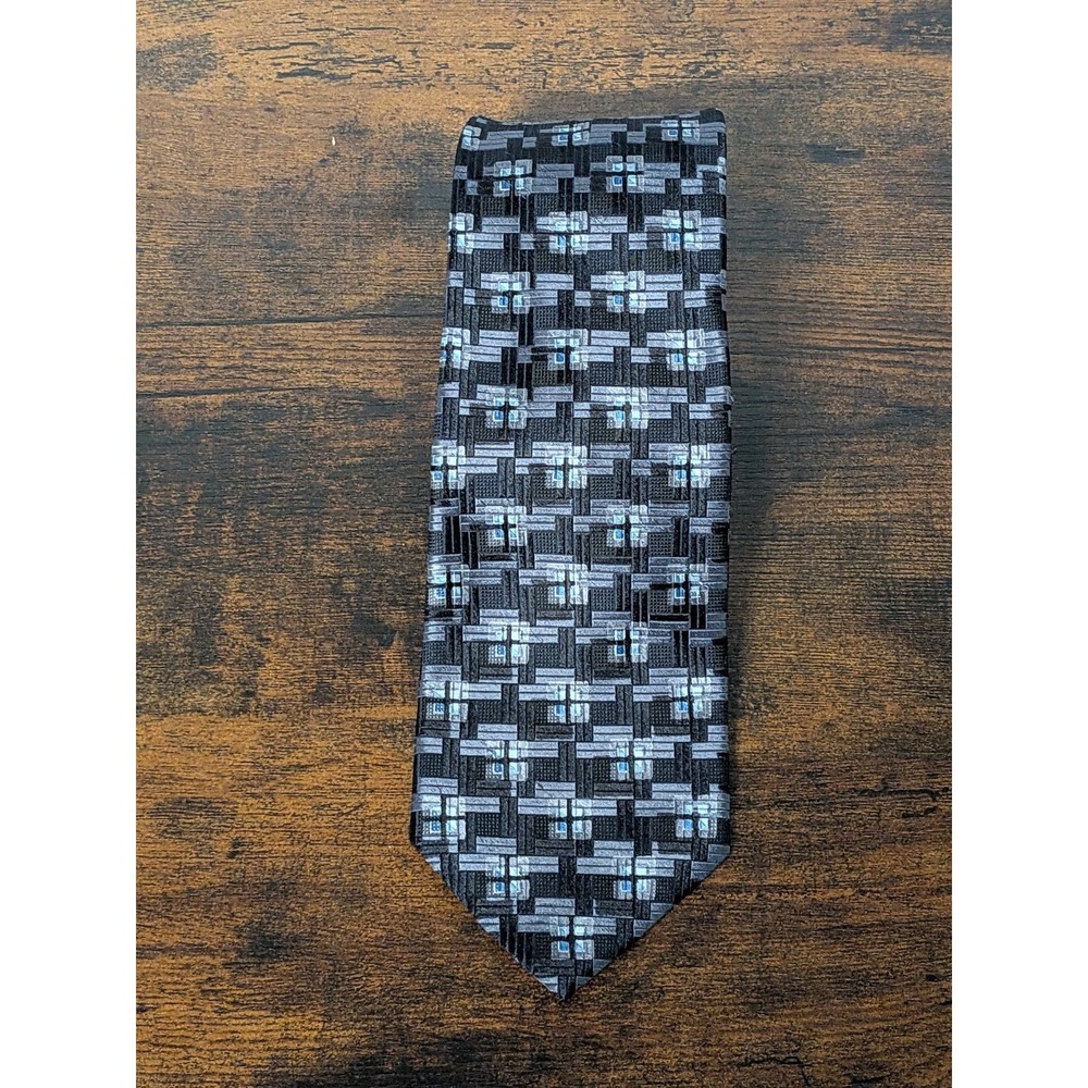 JZ RICHARDS GALLERY SILK TIE GRAY‎ BLACK BLUE GEOMETRIC 60" John Huber Ames